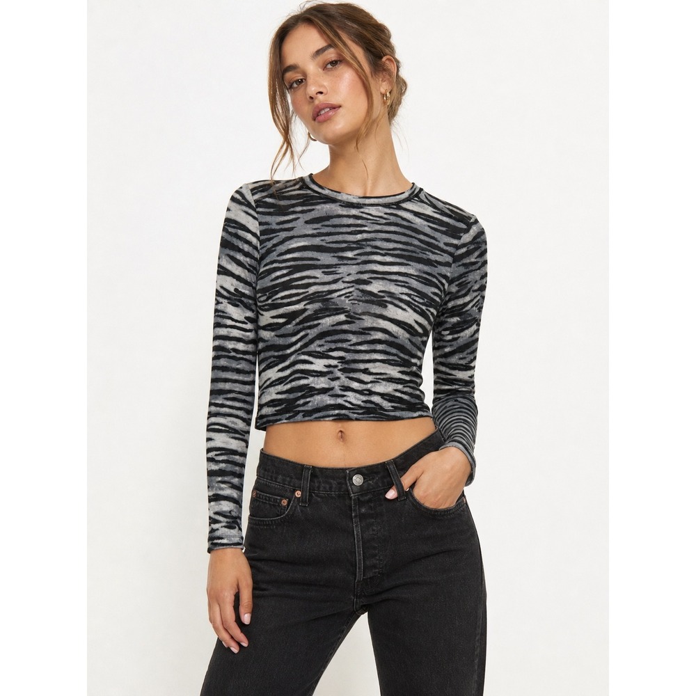 WD-NY Women Grey Black Zebra Animal Print Long Sleeve Cropped Top Size S